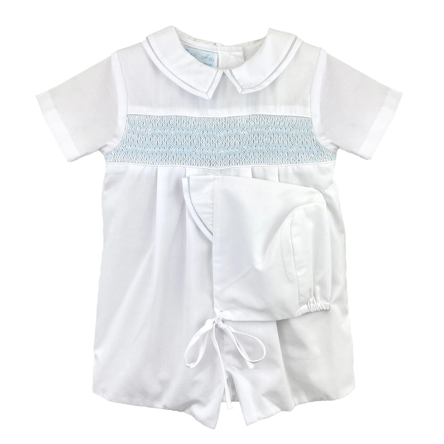 Petit Ami Diamond Smocked White and Blue Romper
