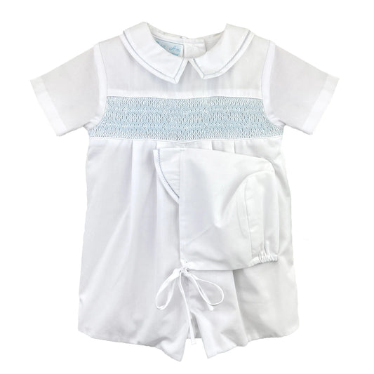 Petit Ami Diamond Smocked White and Blue Romper