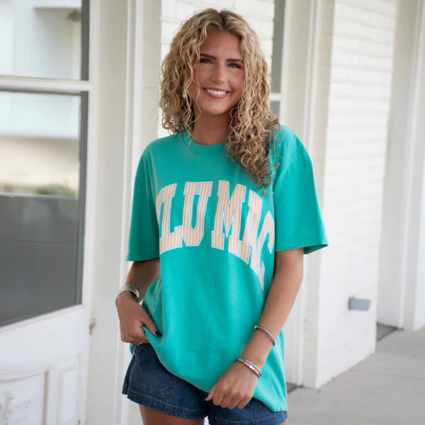 Lulu Mac Stripes Comfort Color Tee-Cream Sickle Sky/Island Green