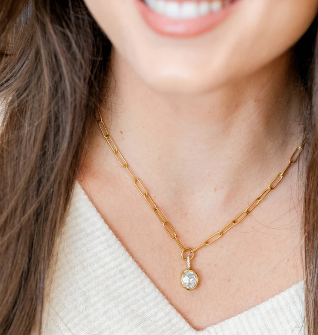 Oval Pendant Paperclip Clip Statement Necklace